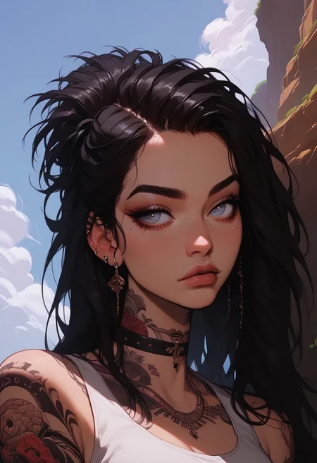 Score_9, Score8_up, Score_7_up, (((High Resolution, Best Quality))),
1girl, solo, Covered in Tattoos, her hand on her head, brushing hair behind ear, black hair, gold highlight in hair,
Tanktop, cutoff, choker,
On a Cliff overlooking a beach, Cloudy Sky,