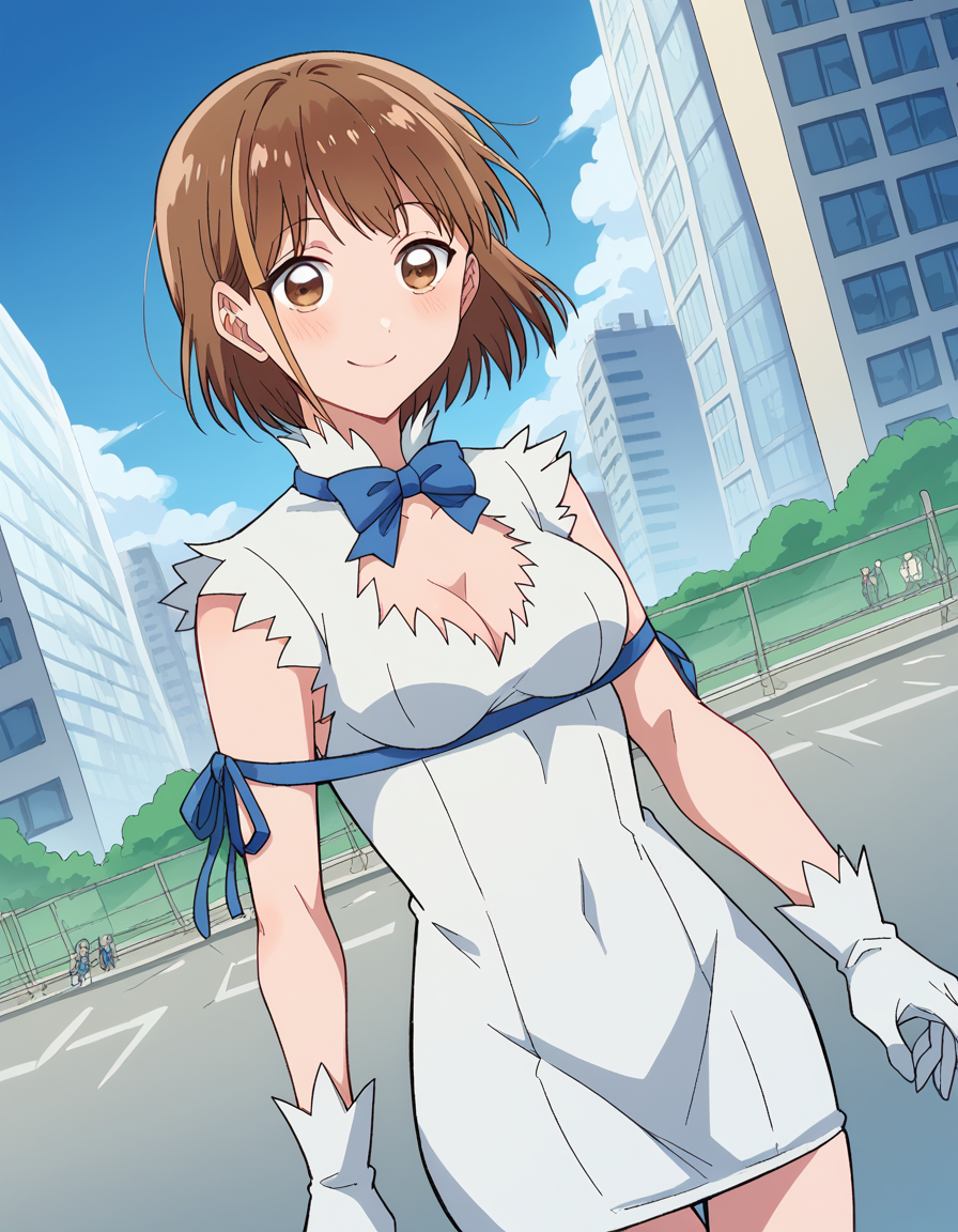 score_9, score_8_up, score_7_up, source_anime, <lora:chinatsu-kano-alpha-ponyxl-lora-nochekaiser:1>, chinatsu kano, short hair, brown hair, brown eyes, medium breasts,, <lora:hestia-cosplay-ponyxl-lora-nochekaiser:1>, hestiacosplay, hestia (danmachi) (cosplay), blue bow, blue bowtie, bow, bowtie, cleavage, cleavage cutout, clothing cutout, dress, gloves, pencil dress, rei no himo, short dress, white dress, white gloves, blue ribbon, arm ribbon,, outdoors, cityscape, street, smile, blush, , cowboy shot, dutch angle,