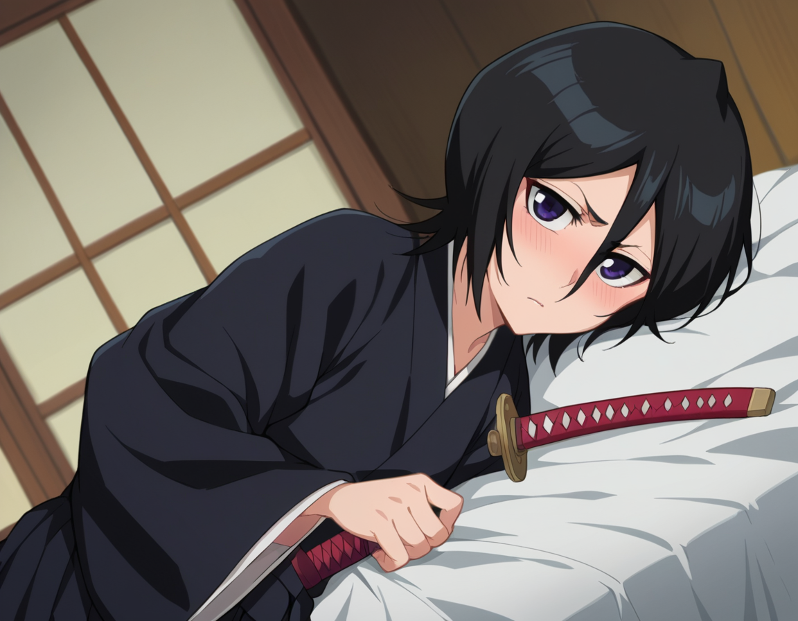 score_9, score_8_up, score_7_up, source_anime,
rukiakuchiki, <lora:rukia-kuchiki-ponyxl-lora-nochekaiser:1>,
rukia kuchiki, black hair, hair between eyes, purple eyes, short hair,
weapon, japanese clothes, sword, kimono, katana, sheath, hakama, black kimono, long sleeves, wide sleeves,
indoors, bed, bed room, on side, blush, drunk,
looking at viewer, dutch angle, cowboy shot,