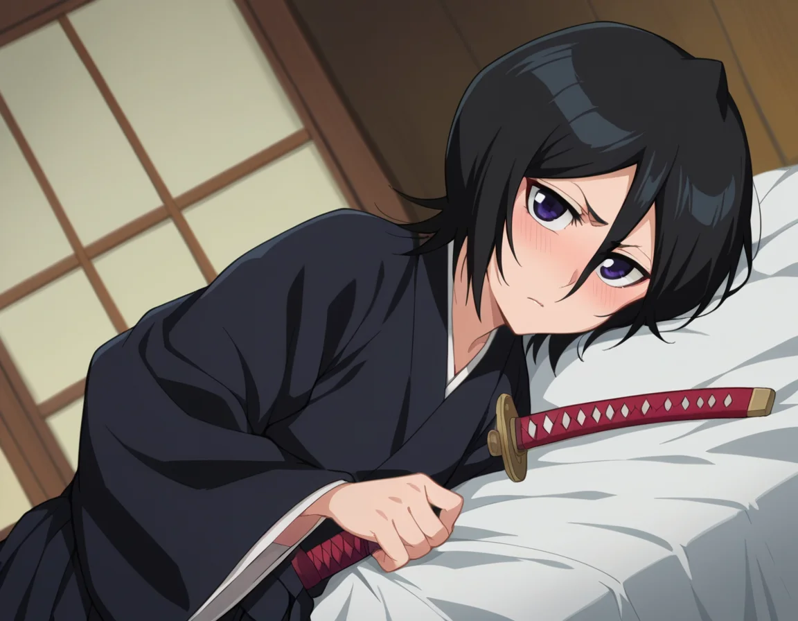 score_9, score_8_up, score_7_up, source_anime,
rukiakuchiki, <lora:rukia-kuchiki-ponyxl-lora-nochekaiser:1>,
rukia kuchiki, black hair, hair between eyes, purple eyes, short hair,
weapon, japanese clothes, sword, kimono, katana, sheath, hakama, black kimono, long sleeves, wide sleeves,
indoors, bed, bed room, on side, blush, drunk,
looking at viewer, dutch angle, cowboy shot,