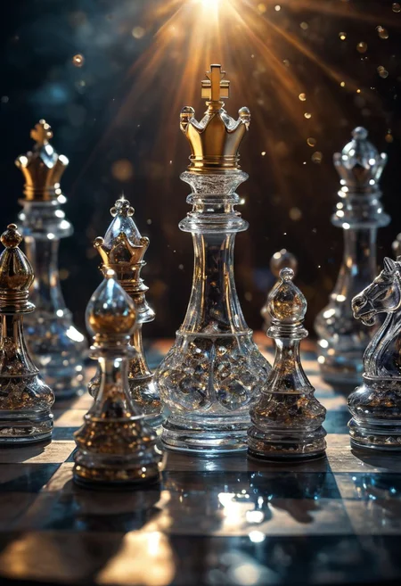 [Masterpiece. Realistic. Transparent Beings. Everything in this universe is made out of sparkling glass crystals. A chess piece made of crystals. Water explosions. Transparent or silver body parts.], detailed, romantic, very inspirational, beautiful, elegant, lovely, cute, pretty, modern, epic composition, fabulous atmosphere, cinematic light, dynamic dramatic ambient, Vibrant Colors 
ral-tr33brnch, Arttrttrt, extreme Long Shot, masterpiece, intricate detail, best quality, absurd resolution, Gothic, black stone with golden stripes, elegant, luxury, royal, expensive, 
Stylized chess pieces. Queen chess, Chess game, chess board, luxury and golden design. Photo realistic, cinematic light, concept art. ,