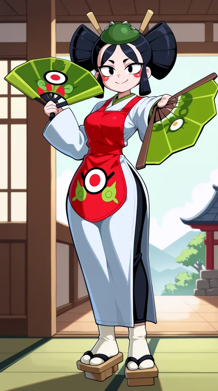 masterpiece, best quality, amazing quality, aesthetic, absurdres, best quality, 4k, upscale, indoors, (dynamic pose, foreshortening), kaze, solo, 1girl, black hair, japanese clothes, black eyes, smile, geta, dual wielding, hand fan, white kimono, full body, sandals, standing, red apron, looking at viewer <lora:Kaze_IL:0.8>