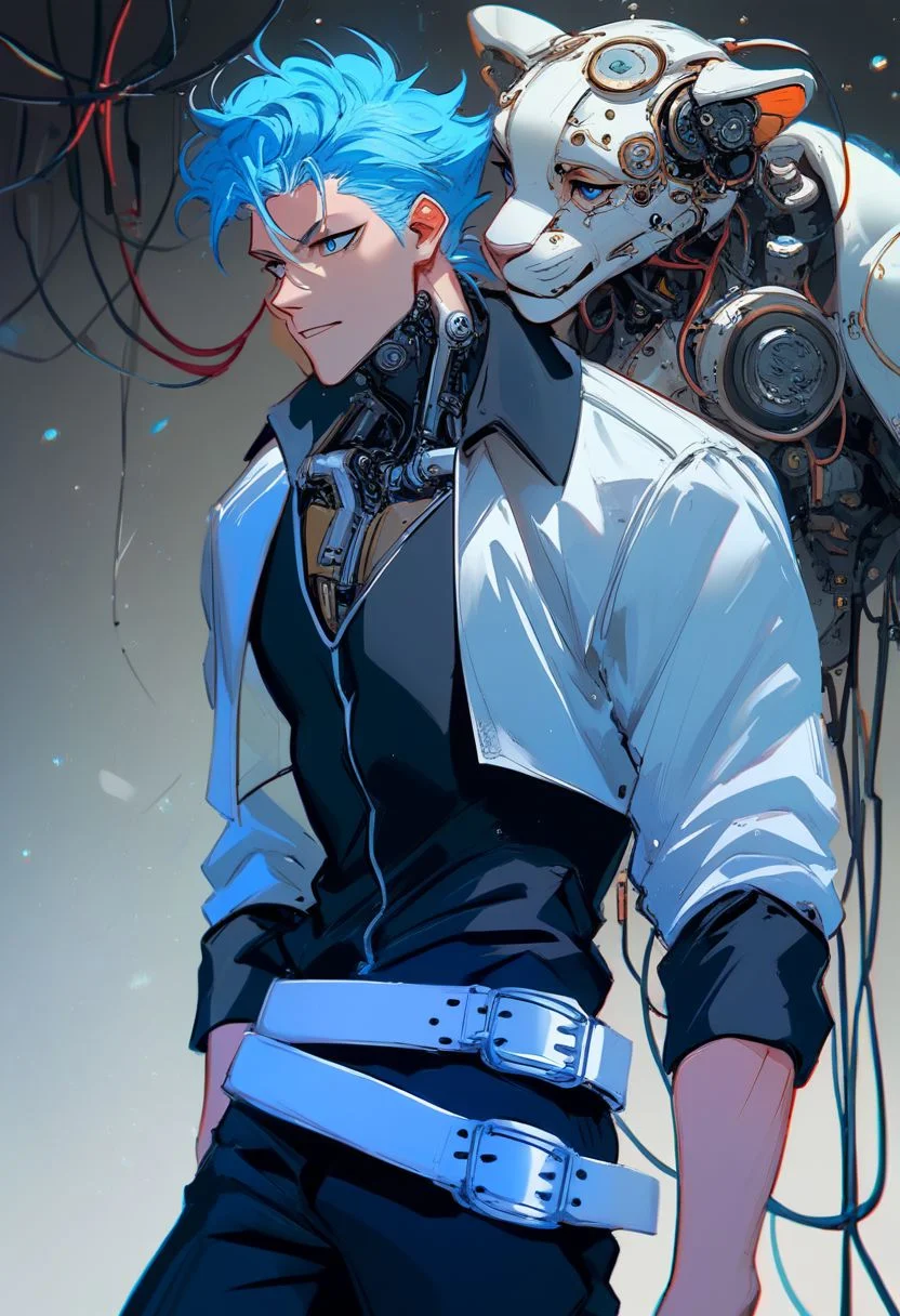 Grimmjow, blue hair, blue eyes, white crop jacket, black shirt, black pants, white belt, score_9, score_8_up, score_7_up, source_anime, reelmech, mechanical parts, cable, wires, machinery, joints, body suit, mechanical jaguar