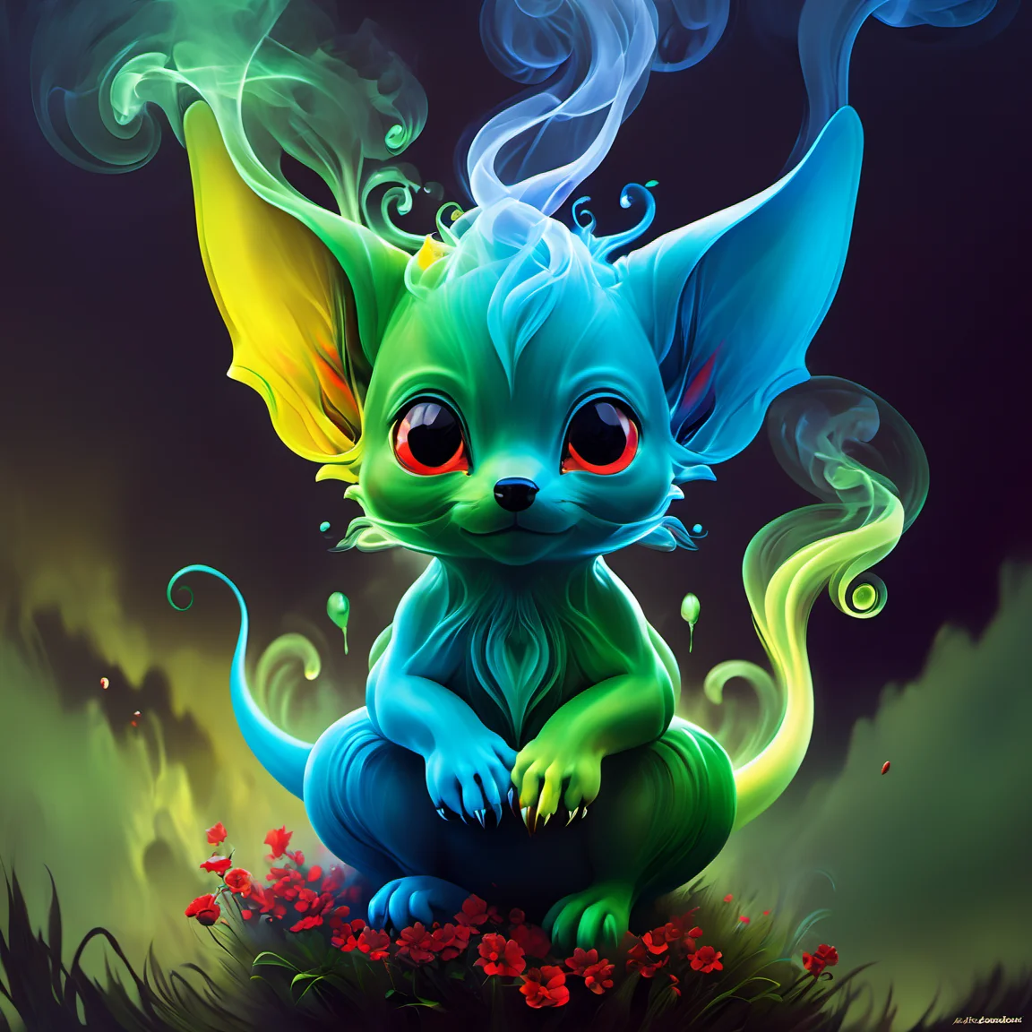 smokeart,smoke,blue,green,yellow,red,<lora:Smoke_Art_final:1>, cute cute cute creature, an illustration by esao andrews, cyril rolando and goro fujita, deviantart, fantasy art, storybook illustration, oil on canvas