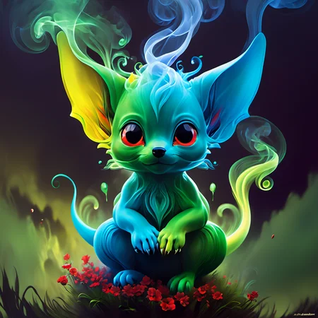 smokeart,smoke,blue,green,yellow,red,<lora:Smoke_Art_final:1>, cute cute cute creature, an illustration by esao andrews, cyril rolando and goro fujita, deviantart, fantasy art, storybook illustration, oil on canvas