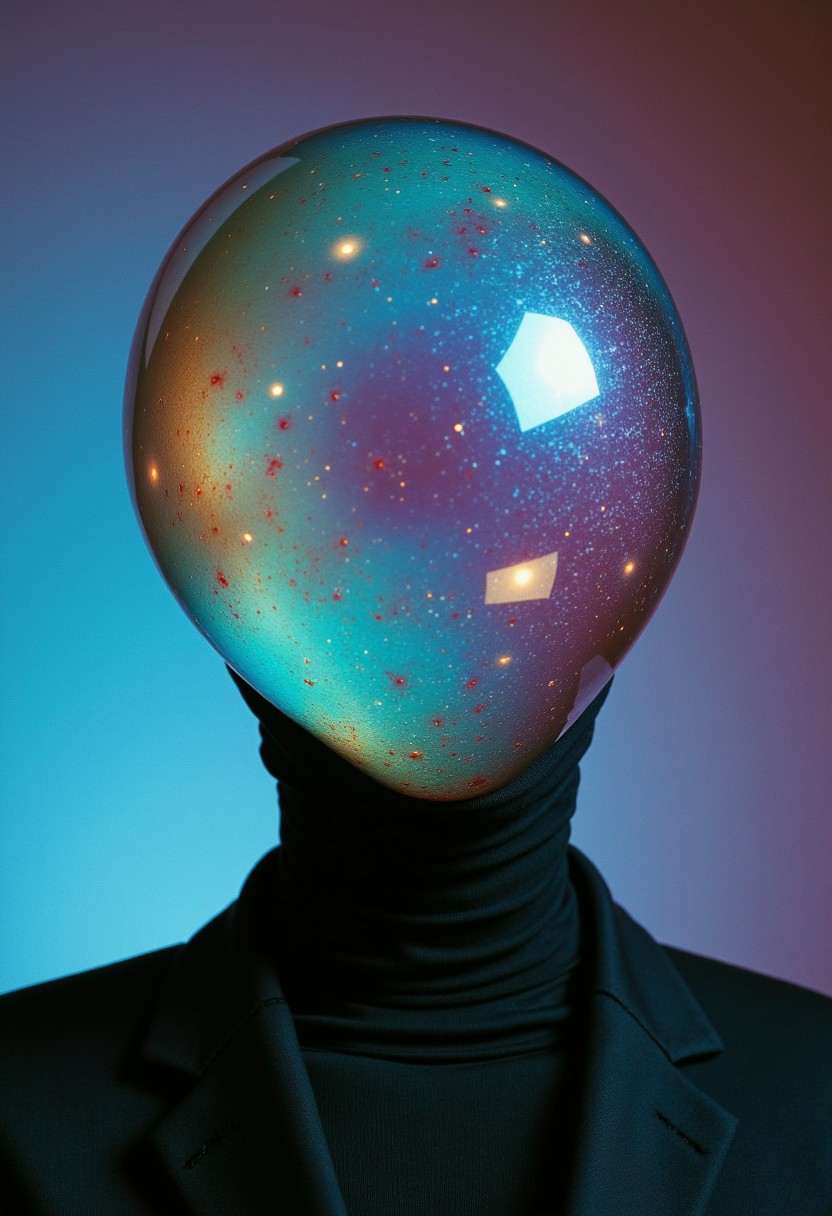 enistyle, A Vintage Sci-fi head photo featuring a surreal, abstract Busty woman set against a vibrant, cosmic background. The woman is a sleek, featureless humanoid with a translucent, reflective head that resembles a helmet or mask. The head is a polished, iridescent translucent surface that reflects and refracts light, showing a mesmerizing mix of colors including deep blues, purples, and hints of gold, suggesting a blend of nebulae and cosmic phenomena. The body is clad in a dark, sleek suit, which appears to be made of a material that matches the reflective quality of the head.