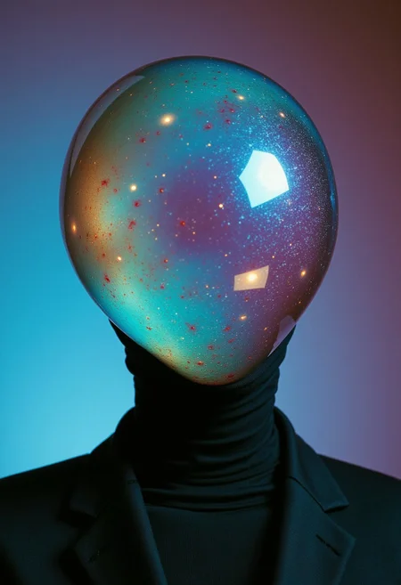 enistyle, A Vintage Sci-fi head photo featuring a surreal, abstract Busty woman set against a vibrant, cosmic background. The woman is a sleek, featureless humanoid with a translucent, reflective head that resembles a helmet or mask. The head is a polished, iridescent translucent surface that reflects and refracts light, showing a mesmerizing mix of colors including deep blues, purples, and hints of gold, suggesting a blend of nebulae and cosmic phenomena. The body is clad in a dark, sleek suit, which appears to be made of a material that matches the reflective quality of the head.