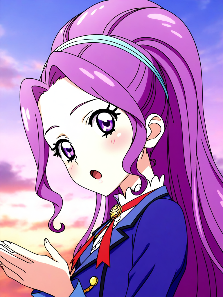 general,highres, ultra-detailed,very aesthetic,best quality ,best hands, BREAK <lora:Kanzaki_Mizuki_aikatsu!_IS:1>
kanzaki_mizuki(aikatsu!), 1girl, solo, purple hair, purple eyes, long hair, ponytail, high ponytail, hairband, very long hair,
starlight academy school uniform,
portrait, open mouth, looking at viewer, eyelashes, hair intakes, :o, sidelocks,
 upper body, 
sky, outdoor,