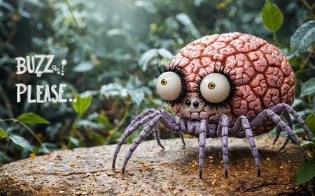 fairytale brain spider, text that says "buzz please!"