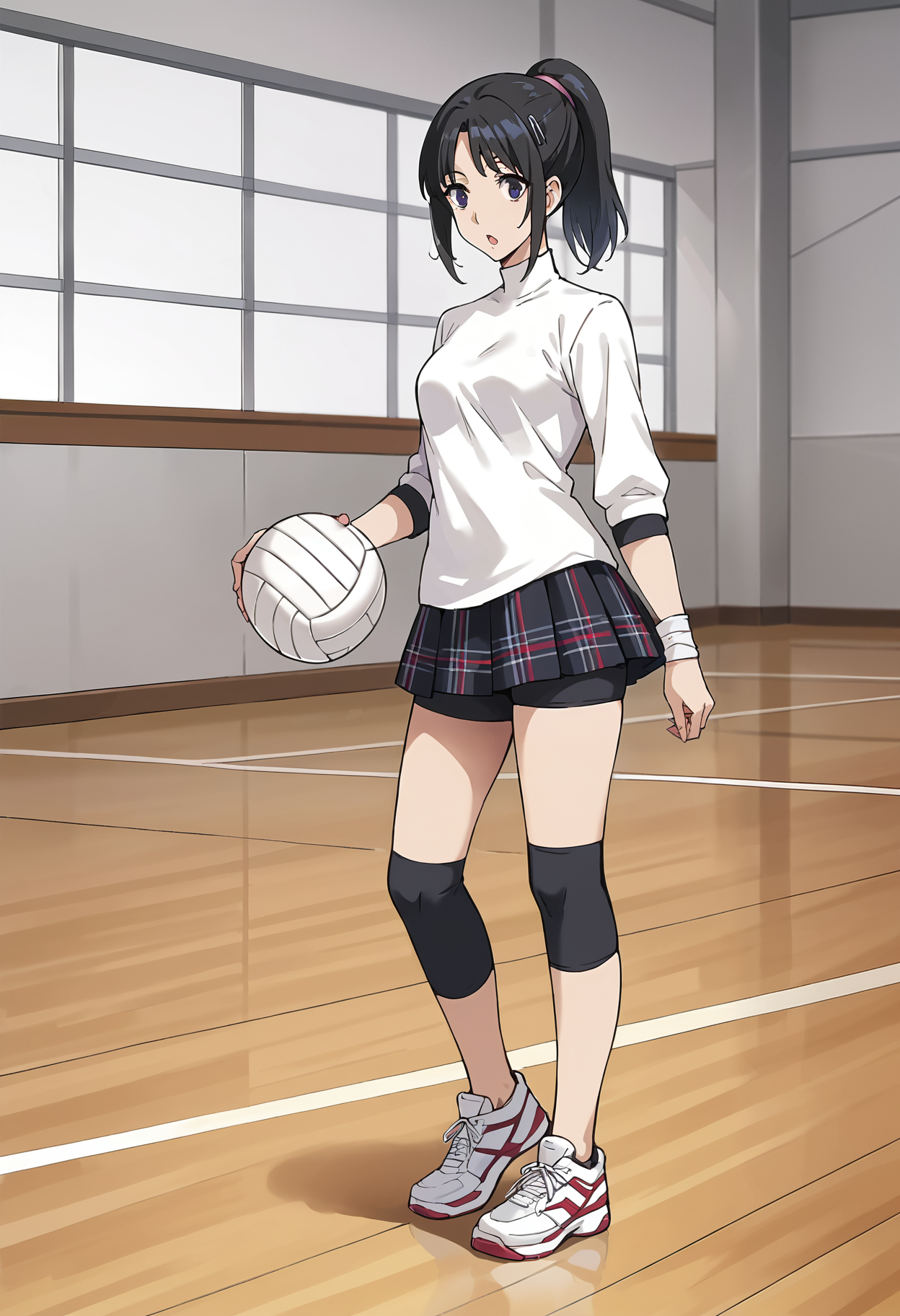 score_9, score_8_up, source_anime,
1 girl, solo, cute face,
p5shiho, black hair, ponytail, hair ornament, hairclip, volleyball
p5shiho-uniform, skirt, plaid skirt, plaid, turtleneck, compression shorts, Knee Compression Sleeve, white sneakers, from side, full body
school gym, volleyball court, standing, looking at viewer, surprised,
masterpiece, best quality, ultra detailed,