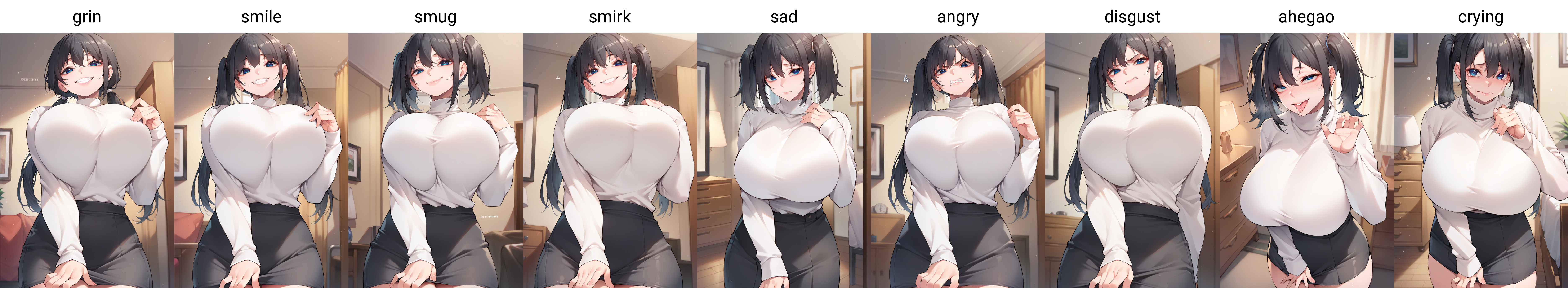 score_9, score_8_up, score_7_up, source_anime, 1girl,blue eyes,twintails, black hair,  turtleneck sweater, white sweater,  black skirt, grin,looking at viewer, from front, bedroom, standing, huge breasts  <lora:jjune-Style-PonyXL-Dora-000019:1>