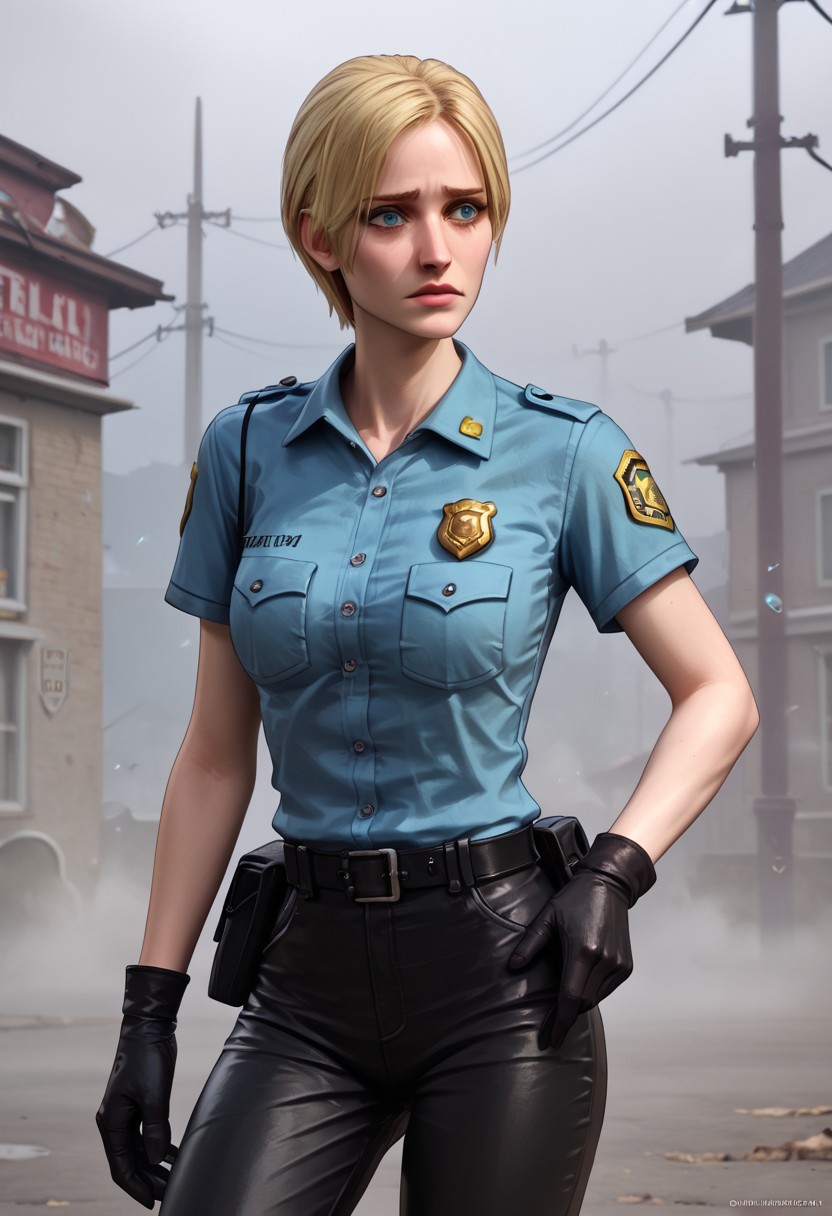 Score_9_up, score_8_up, score_7_up, score_6_up, source_realistic, BREAK worried, 1girl, cybilbennett, blonde, short hair, blue police shirt, badge, black leather pants, gloves, foggy atmosphere, low light,