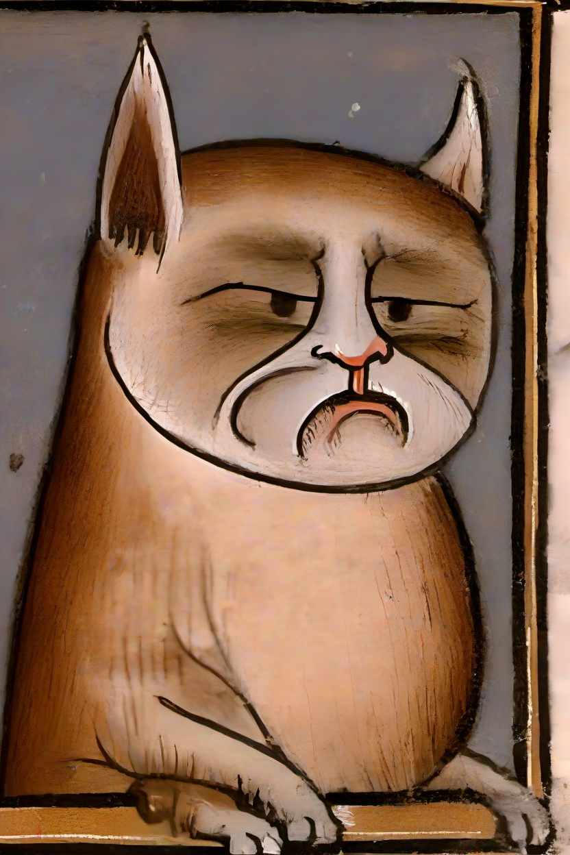 <lora:PE_BadMedivalArt:1> PEBadMedivalArt,bad medieval painting,terrible,ugly,
portrait of grumpy cat