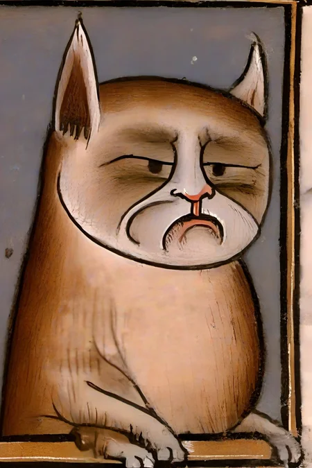 <lora:PE_BadMedivalArt:1> PEBadMedivalArt,bad medieval painting,terrible,ugly,
portrait of grumpy cat