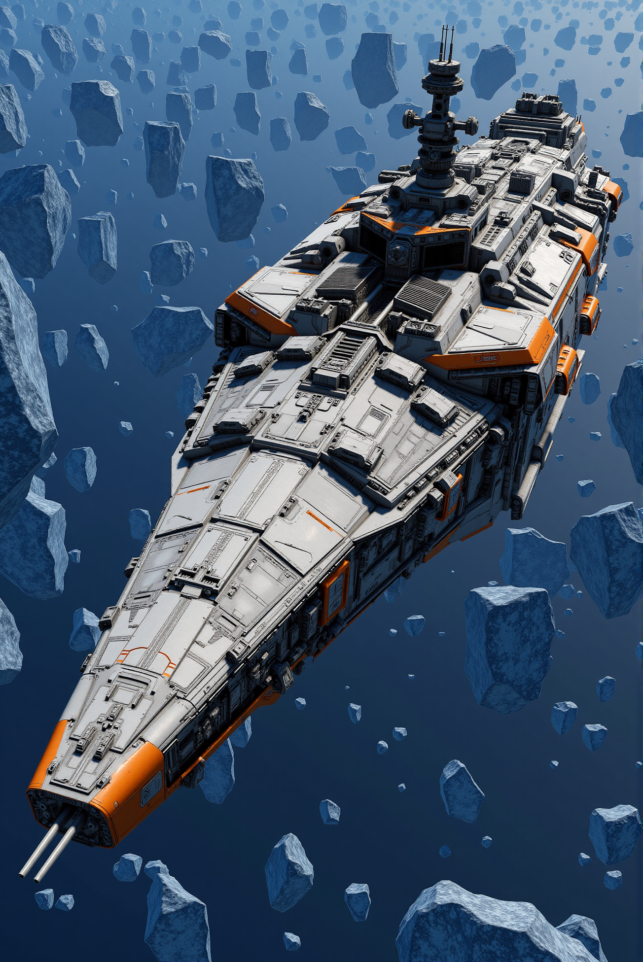 <lora:SpaceCraft_v.5:0.8> SPCCRFT style.
A heavy fleet command ship drifting among jagged blue asteroids, adorned in blocky gray armor with orange tactical striping and turret-capped compartments; the vessel features layered deck architecture, retractable solar lattice sections, and modular bridge towers, viewed in a lateral perspective that emphasizes the mass and surface intricacy; nearby docking platforms and fractured ore belts add environmental realism, enhancing the cold militaristic ambiance with high-fidelity metal roughness and ambient occlusion.