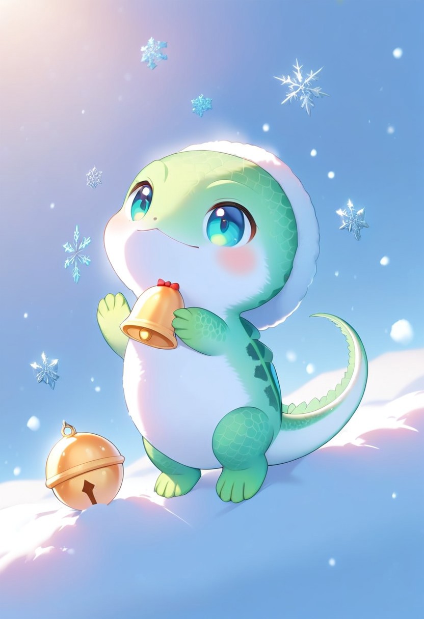 Festive, snowflake, baby lizard, green scales, curled tail, near shot, snow gently coming down, Christmas bells, single character, unique and cute