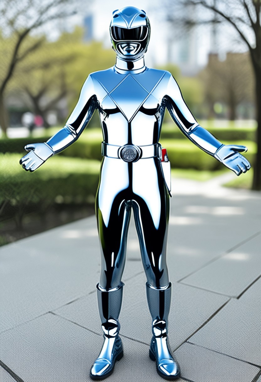 chrome statue of yellow-power-ranger, alone, morphed, chrome helmet, chrome catsuit, chrome turtleneck collar, chrome gloves belt boots holster, entirely made of chrome, standing square-on, in urban park, arms slightly-outstretched, full body photo, hyperdetailed photography