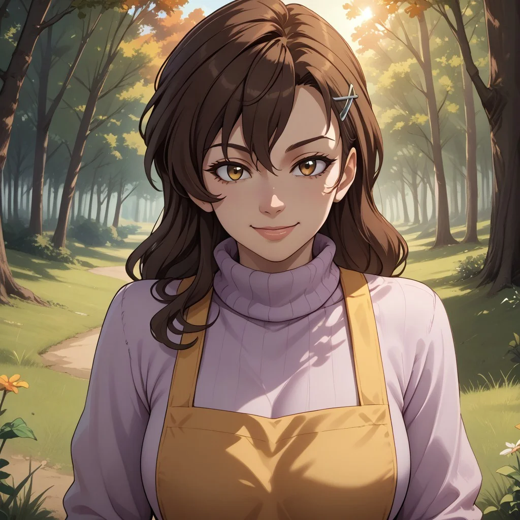 score_9, score_8, BREAK, inuyama_junko,brown hair, long hair,1mole under mouth, hair ornament,hairclip,purple turtleneck sweater,blue pants, yellow apron, sexy pose, self portrait, smile, outdoors, sunlight, shadows, evening lighting, natural lighting, forest, trees, grass, orange sky, sunset