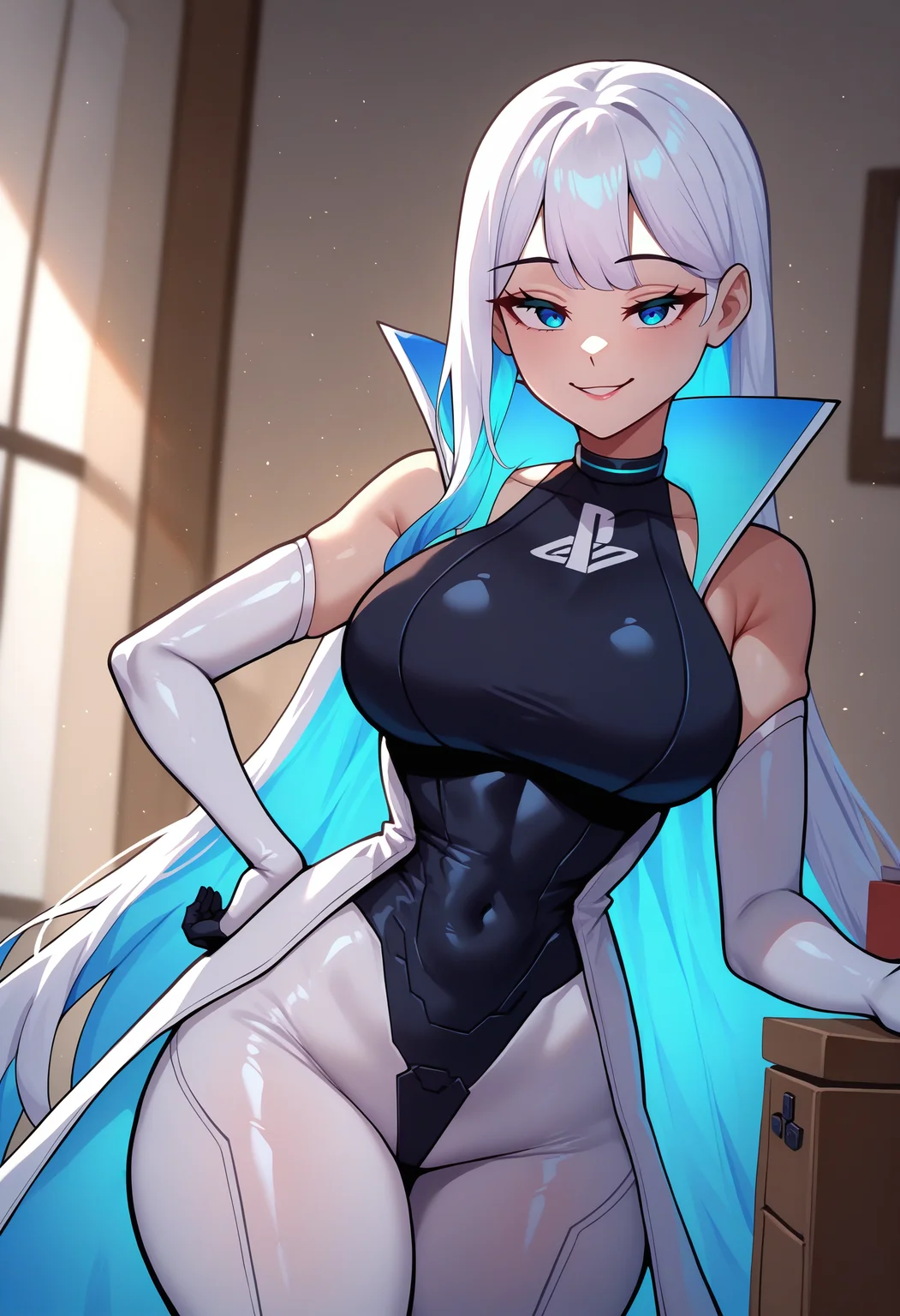 masterpiece, best quality, newest, absurdres, highres, 1girl, Plysttn, game console, personification, multicolored hair, blue hair, white hair, two-tone hair, colored inner hair, blue eyes, large breasts, high collar, black leotard, bodysuit, bare shoulders, sleeveless, elbow gloves, white pants, <lora:Playstationchan_illusXLNoobAI_Incrs_v1-000008:1>, cowboy shot, hand on own hip, seductive smile, indoors,