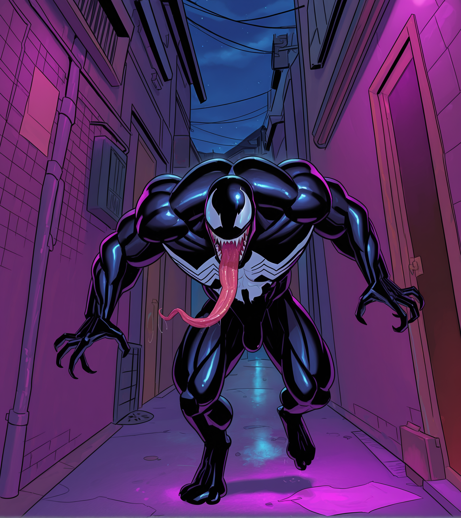 1boy, venom, muscular male, long tongue, open mouth, outdoors, night, alley,   sxy5tyle, masterpiece, best quality, very aesthetic, absurdres,  <lora:meinfischer:.8>