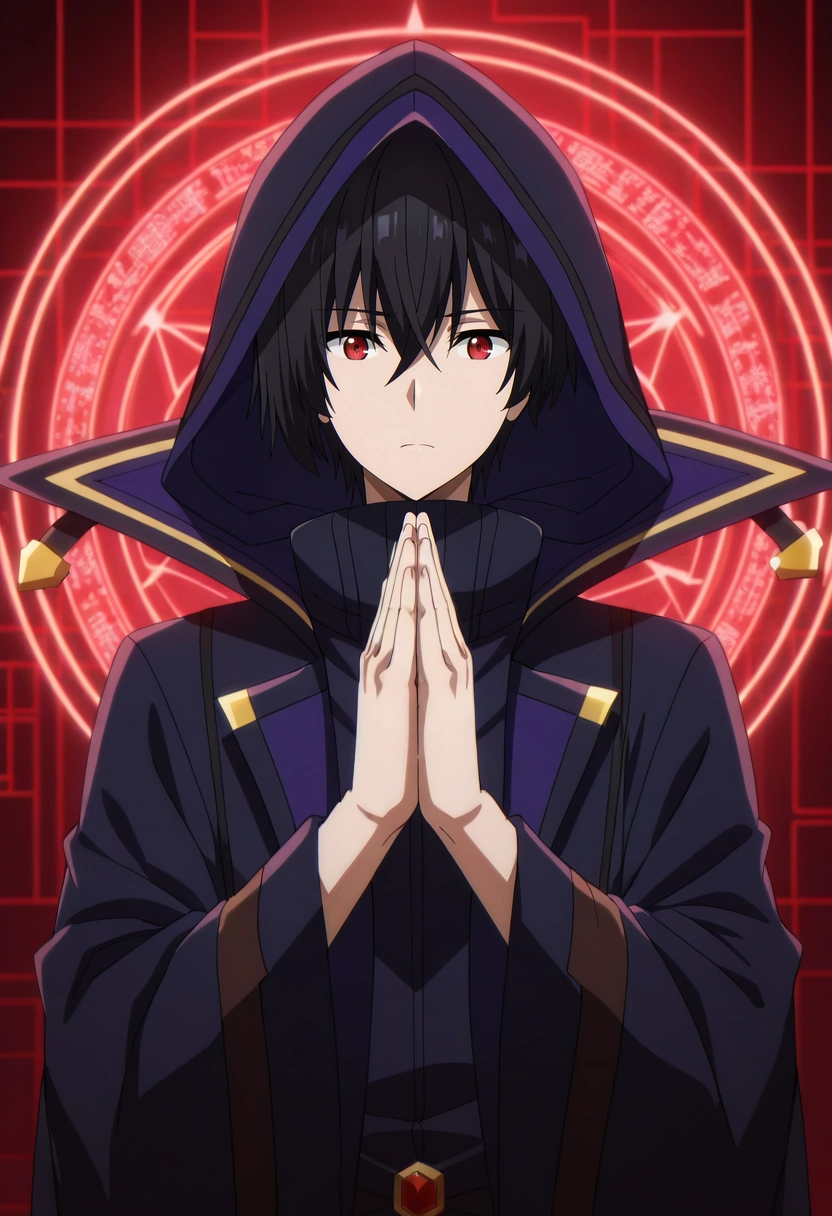 masterpiece, best quality, , anime screencap, anime coloring, official style,, 1boy, solo, male focus, <lora:cid_kagenou_ilxl:0.94>, cid_kagenou, black hair, short hair, hair between eyes, bangs, red eyes, cloak, hood, hood up, cyber temple, data altars, virtual shrines, code paths, praying pose, reverent expression, grid lighting,
