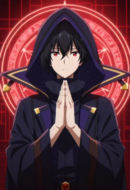 masterpiece, best quality, , anime screencap, anime coloring, official style,, 1boy, solo, male focus, <lora:cid_kagenou_ilxl:0.94>, cid_kagenou, black hair, short hair, hair between eyes, bangs, red eyes, cloak, hood, hood up, cyber temple, data altars, virtual shrines, code paths, praying pose, reverent expression, grid lighting,