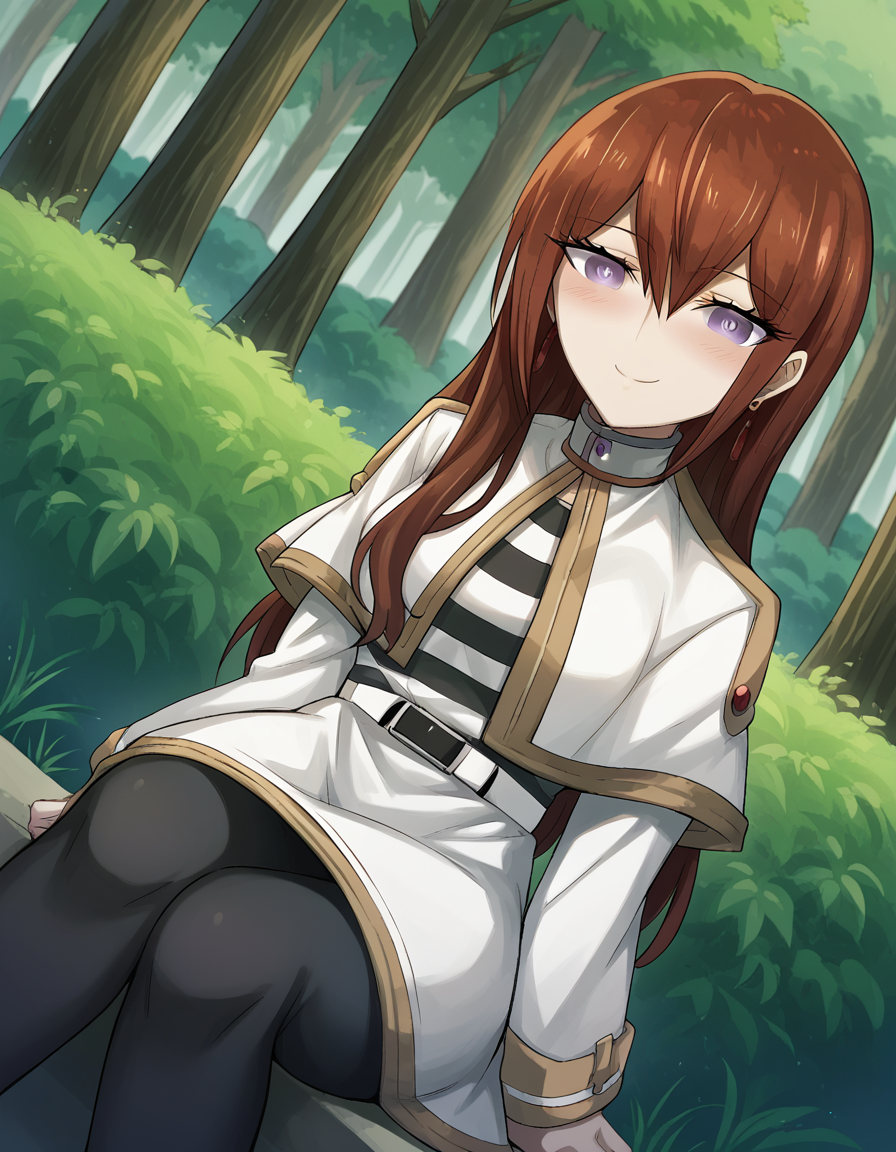 score_9, score_8_up, score_7_up, source_anime, <lora:kurisu-makise-ingame-ponyxl-lora-nochekaiser:1>, kurisu makise, hair between eyes, hair over shoulder, long hair, purple eyes, red hair, straight hair, mature female, small breasts,, <lora:frieren-cosplay-ponyxl-lora-nochekaiser:1>, frieren cosplay, frieren (cosplay), shirt, long sleeves, jewelry, pantyhose, earrings, striped, black pantyhose, capelet, striped shirt, skirt, white skirt,, forest, sitting, smile, blush, cowboy shot, looking at viewer, , dutch angle, cowboy shot