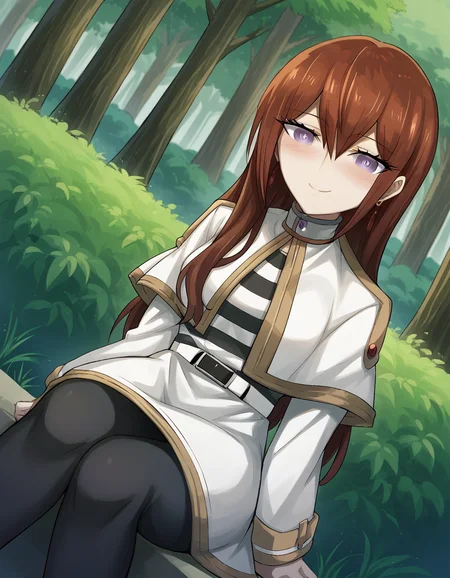 score_9, score_8_up, score_7_up, source_anime, <lora:kurisu-makise-ingame-ponyxl-lora-nochekaiser:1>, kurisu makise, hair between eyes, hair over shoulder, long hair, purple eyes, red hair, straight hair, mature female, small breasts,, <lora:frieren-cosplay-ponyxl-lora-nochekaiser:1>, frieren cosplay, frieren (cosplay), shirt, long sleeves, jewelry, pantyhose, earrings, striped, black pantyhose, capelet, striped shirt, skirt, white skirt,, forest, sitting, smile, blush, cowboy shot, looking at viewer, , dutch angle, cowboy shot