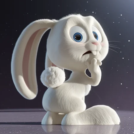 1boy, solo, furry male, from behind, alec_azam, white fur, blue eyes, whiskers, buck teeth, rabbit tail, chest tuft, long ears, ears down, short, wide-eyed, nervous, blush, parted lips, embarrassed, flustered, 
BREAK 
masterpiece, absurdres, 3d, realistic, ultra-detailed, best quality, (on all fours:1.1), kneeling, soles, pawpads, feet up, looking back, looking at viewer, head tilt, fluffy, body fur, fewer digits, 4 fingers, nude, no anus, no penis, detailed fluffy fur, arm support, hand up, hand to own mouth, big head, full body, arched back, 
BREAK 
spotlight, rainbow colors, abstract background, shadow, reflection, glitter, light particles, 