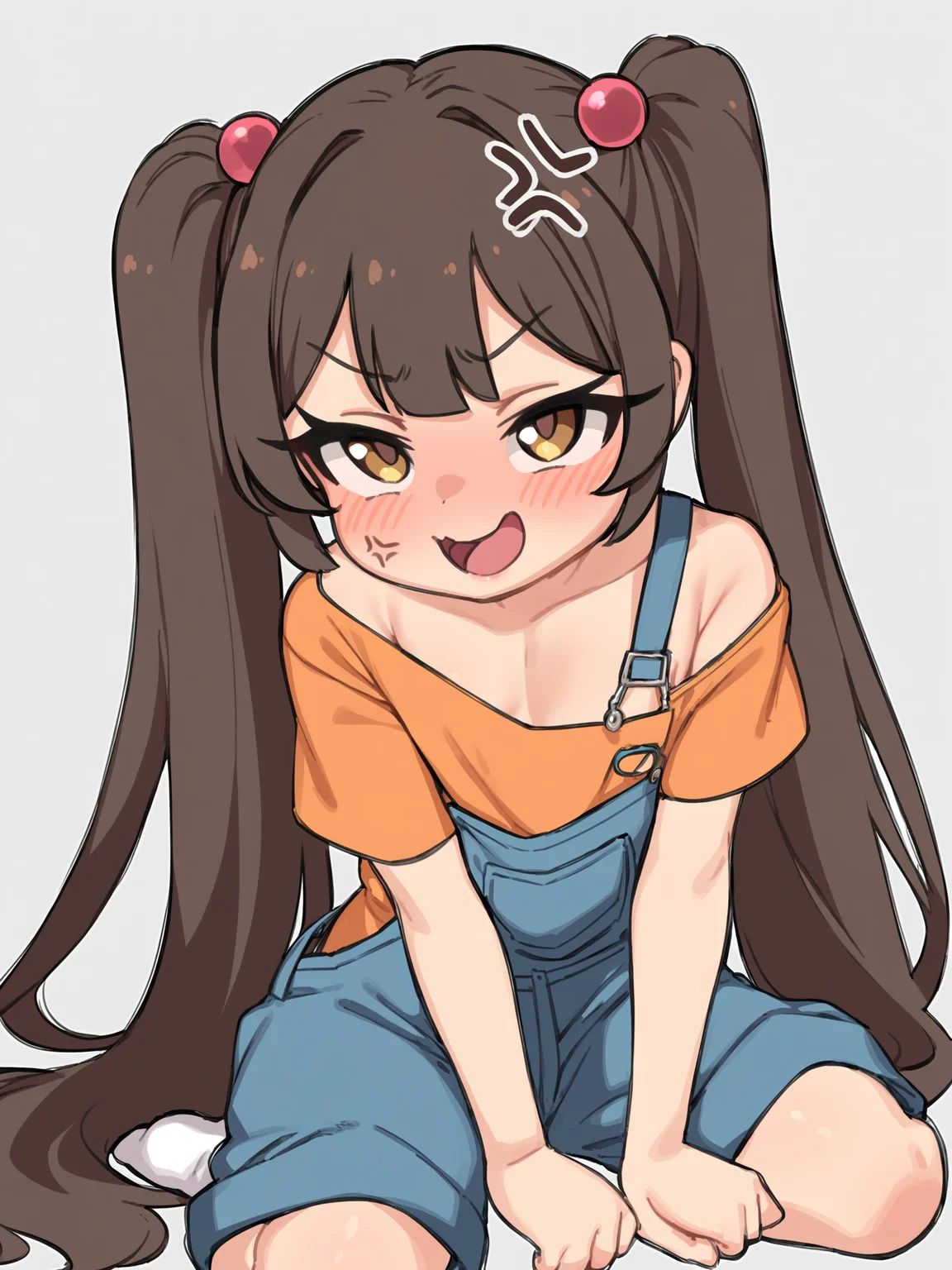 masterpiece, best quality, <lora:style578-a31-000020:1>,
1girl, anger vein, solo, twintails, long hair, hair ornament, shirt, brown hair, orange shirt, overalls, hair bobbles, heart, yellow eyes, very long hair, open mouth, blush, short sleeves, bangs, looking at viewer, off shoulder, socks, smile, strap slip, white background, brown eyes, downblouse, hand on own cheek