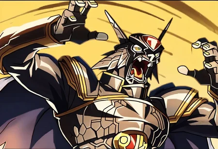 score_9,score_8_up,score_7_up,rating_safe,kaibanodef, open mouth, upper body, teeth, screaming, parody,no humans,solo,alphamon,cape,yellow eyes