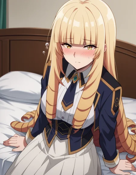 score_9, score_8_up, score_7_up, source_anime,
orianarose, <lora:oriana-rose-ponyxl-lora-nochekaiser:1>,
oriana rose, long hair, blonde hair, yellow eyes, drill hair, bangs, blunt bangs, mature female,
skirt, jacket, necktie, white skirt, corset,
indoors, bed, bed room, on side, blush, drunk,
looking at viewer, dutch angle,