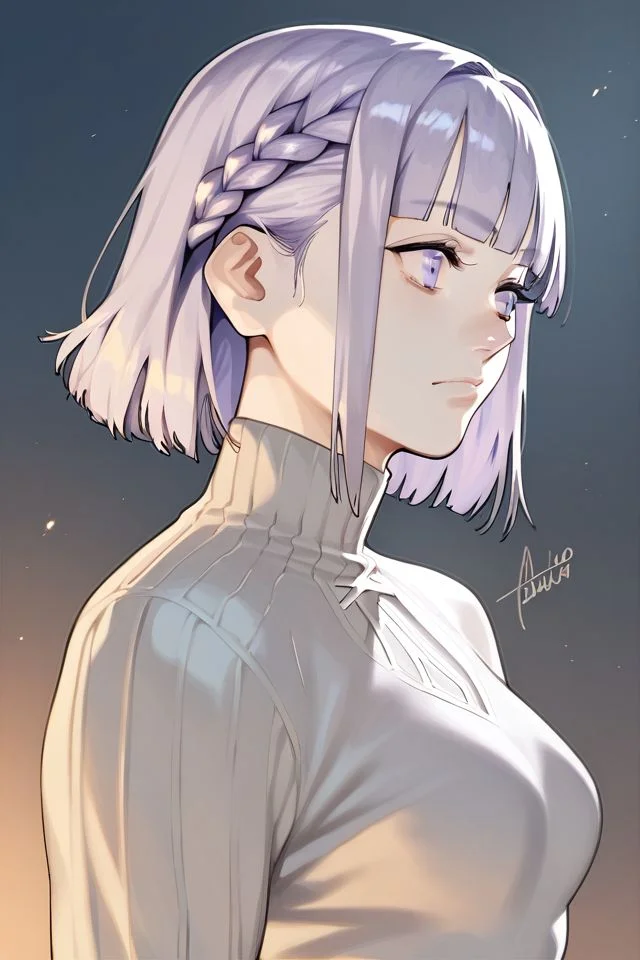score_9, score_8_up, score_7_up, 1girl, bulky female, pale skin, :3, bronze hair, heavy fringe, french braid, light purple eyes, medium breasts, light grey clothes, sunbeam <lora:azusa_(hws)_PonyXL_style_v02.08:1>