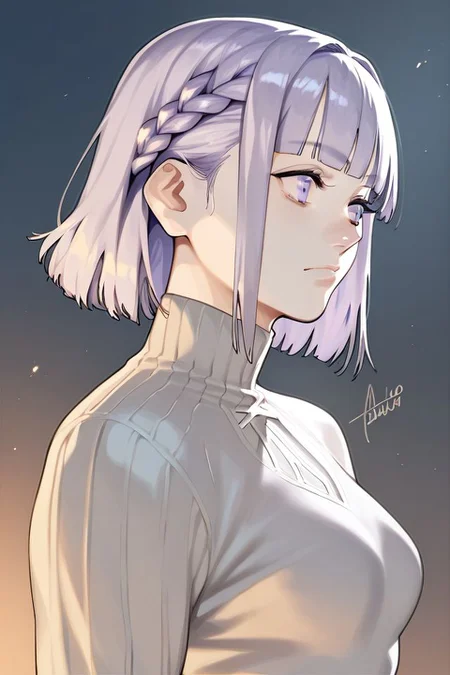 score_9, score_8_up, score_7_up, 1girl, bulky female, pale skin, :3, bronze hair, heavy fringe, french braid, light purple eyes, medium breasts, light grey clothes, sunbeam <lora:azusa_(hws)_PonyXL_style_v02.08:1>