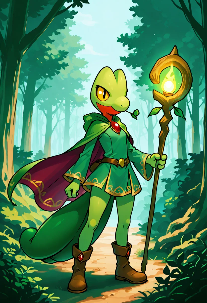 masterpiece, best quality, 1girl, solo, zzTreecko, ,<lora:TreeckoPokedex_IXL:1.0>, 1girl, fantasy mage outfit, forest green robes, red gemstone brooch, leafy cape, staff with a sprouting branch, bare legs, long sleeves, soft boots, glowing runes, magical forest, confident expression A spellcaster look where a flowing robe of mossy green shimmers in the forest light. Red gem accents and trim nod to Treeckoâs eye color and tail bulb. Her cape is shaped like stylized leaves, and her wooden staff ends in a fresh sprout. The aesthetic combines organic grace with magical flair â a nature mage attuned to forest spirits.
