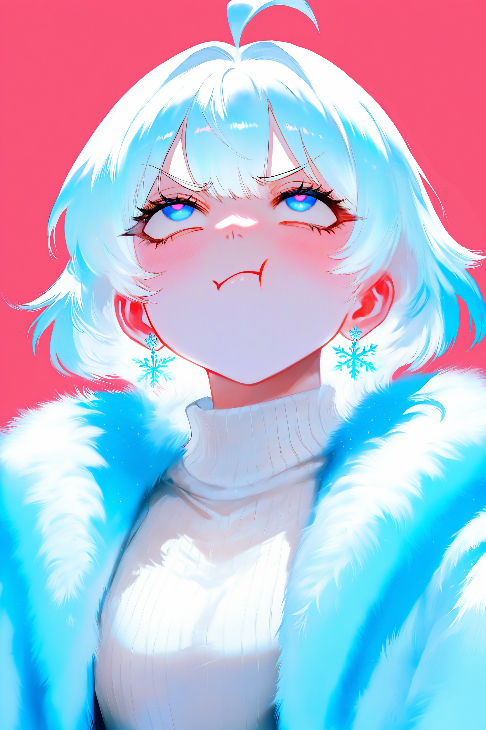 1girl, mon \(monmon2133\), general, 

white hair, ahoge,

blue eyes, pink pupils, looking up, rolling eyes, 

pout, annoyed,

white sweater, ribbed sweater, blue fur, fur coat,

snowflake earrings, 

simple background, pink background, white background, 

best quality, very awa, highres, newest