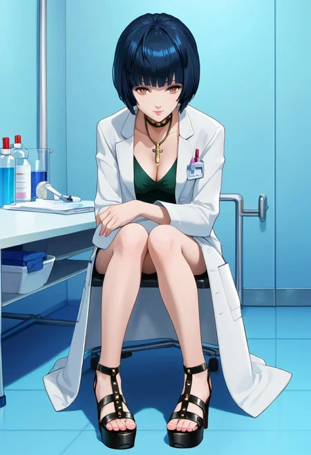 score_9, score_8_up, score_7_up, source_anime, (masterpiece, Highest quality:1.4), (beautiful, perfection, delicate, Complex:1.2), (cute, Fascinating), (Depth of written border:1.2), Realistic Face:1.2,
1 girl, mature female, adult woman, sexy woman,
p5tae, tae takemi, short hair, bob cut, bangs, labcoat, necklace, choker, studded collar, short dress, dark green dress, cleavage, red belt, gladiator sandals, platform footwear,
Hospital, examination room, examination table, sitting, cross legs, view from front. cowboy shot,