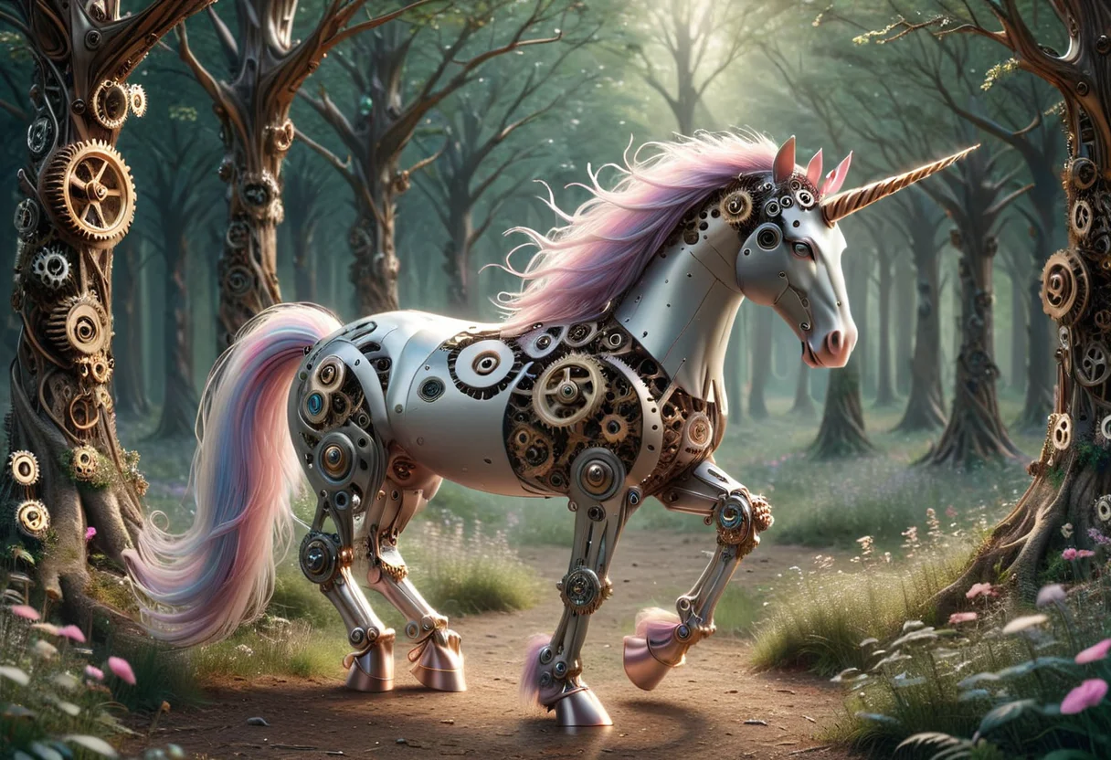 g3ears, unicorn made out of gears, set in a forest, ,Masterpiece,best quality, photo, realistic, very aesthetic <lora:Gears_World_Morph:1>