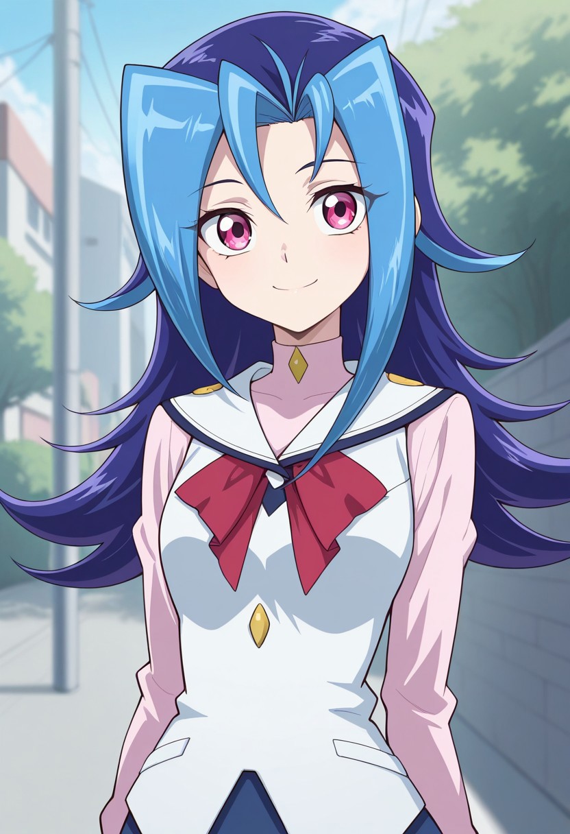 masterpiece,best quality,amazing quality, source_anime,
rioKamishi, 1girl, solo, pink eyes, multicolored hair, purple hair, blue hair, long hair, shirt, pink shirt, turtleneck, long sleeves, red bow, jacket, white jacket, sleeveless jacket, smile,
outdoor,
