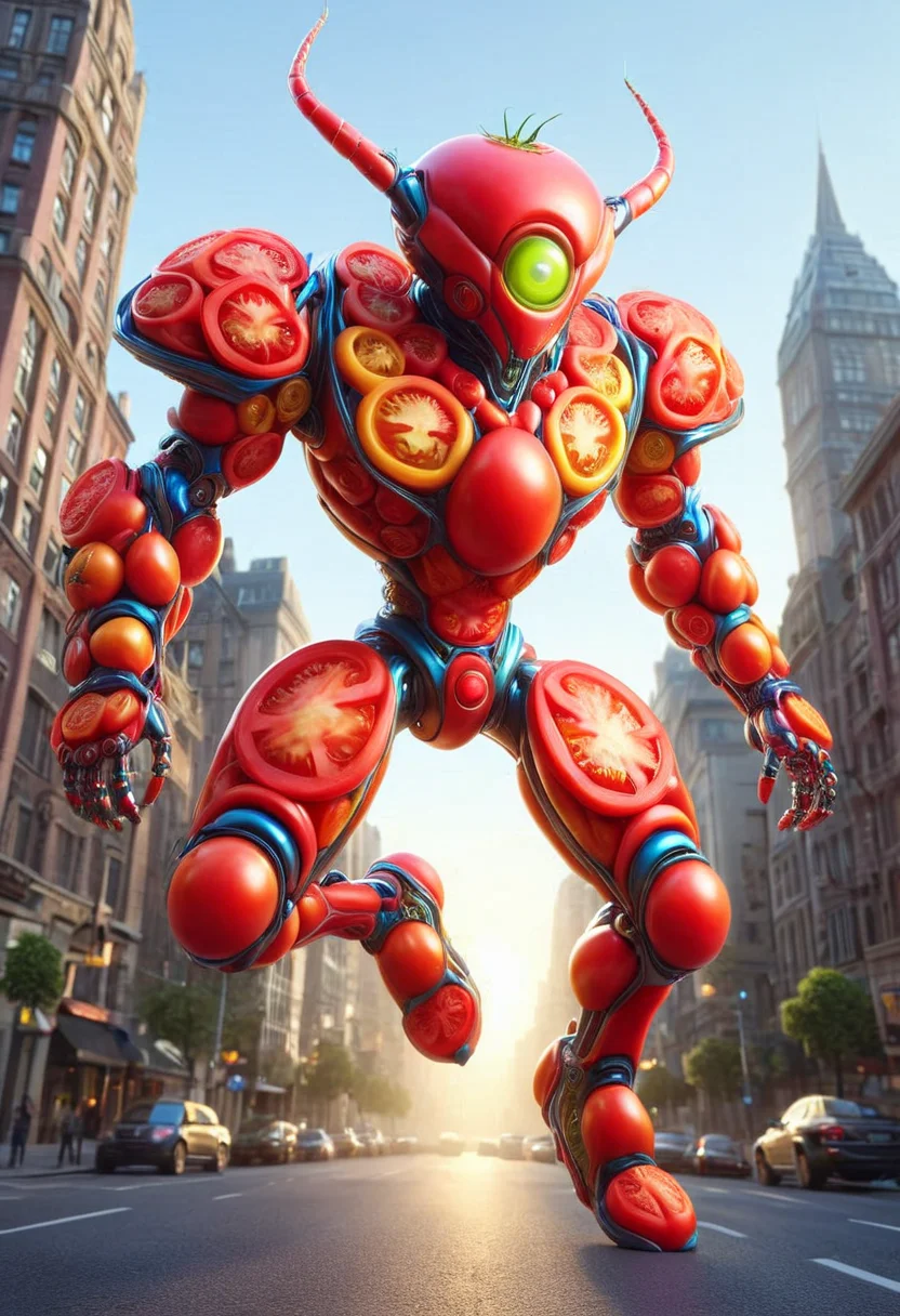 A jumping robot alien, mobe-tomamph, 3d like a pixar movie close-up shot, outdoor, city, masterpiece, absurdres, vibrant, dynamic angle, dynamic pose, <lora:T0m4t0M0rph-V1:1>,