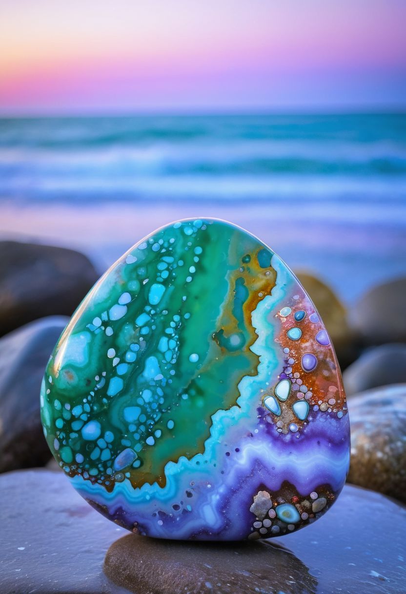 soaked_tea_brand, macro photo of an ocean jasper polished large stone, light pink, deep sea-green,  lilac, and light-blue heavenly pattern that resembles sunset clouds over ocean, surrounded by tidepools on a rocky tropical beach shoreline at sunset, perfect composition, backlighting, ethereal, golden hour, vibrant colors, sparkling stone, professional lighting, glowing from within <lora:MJ52:.6>
