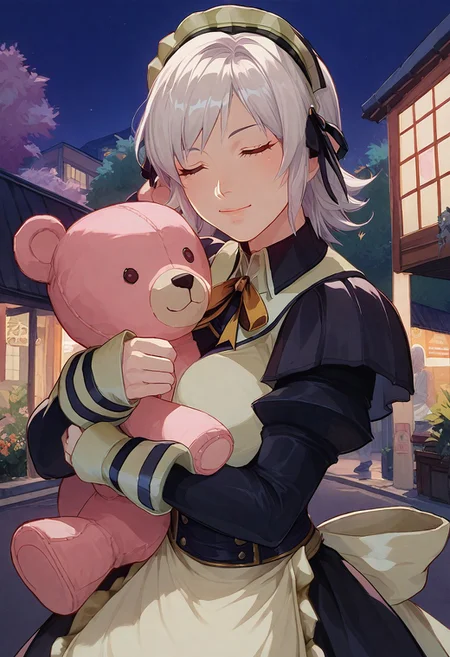score_9, score_8_up, score_7_up, score_6_up, source_anime, 1girl, solo, head close-up, Emma, First generation maid clothes, First generation maid headdress, hugging a pink teddy bear, smile, in a street full of wooden buildings, dark night, colorful