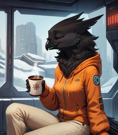 score_9, score_8_up, detailed, sitting, inside, winter, science fiction, futuristic, side view, 
anthro female avian shdw, beak, fluffy, black body, slim, orange hoodie, small breasts, neck tuft, pants, eyes closed, eyelashes, smile, happy, holding cup of steaming tea, 
<lora:velari_v0.2.1_pdxl:0.7>, <lora:MJB:0.7>
