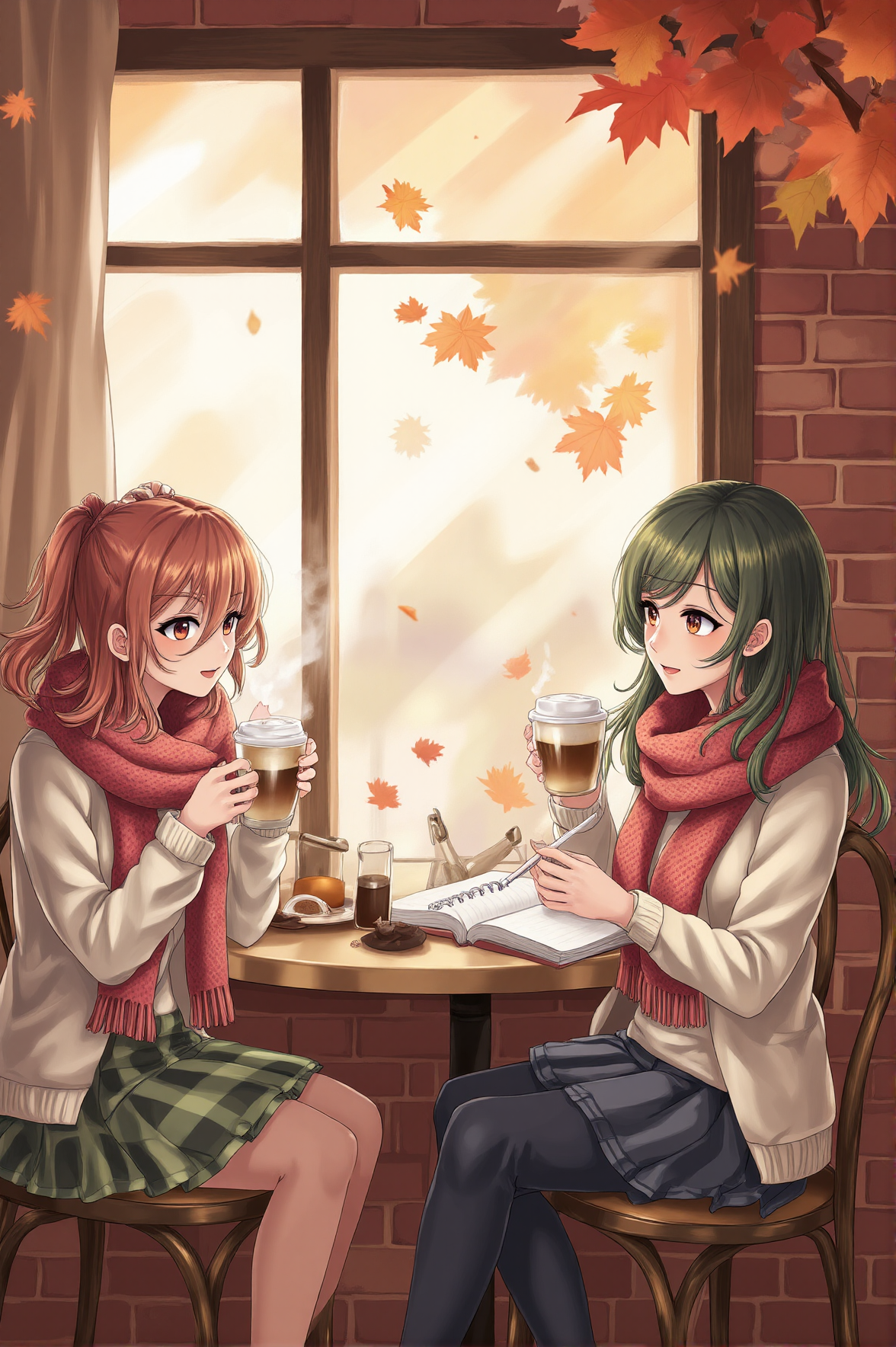 Inside a cozy brick café, waifus sit by a fogged-up window, sipping on pumpkin spice lattes while wrapped in soft, knitted scarves. Outside, amber and crimson leaves drift past the window, framing their relaxed, smiling faces. One waifu playfully blows the steam from her cup, while another sketches in a notebook, lost in thought. The scene feels warm, nostalgic, and full of life.
<lora:anime-waifu-flux:1>