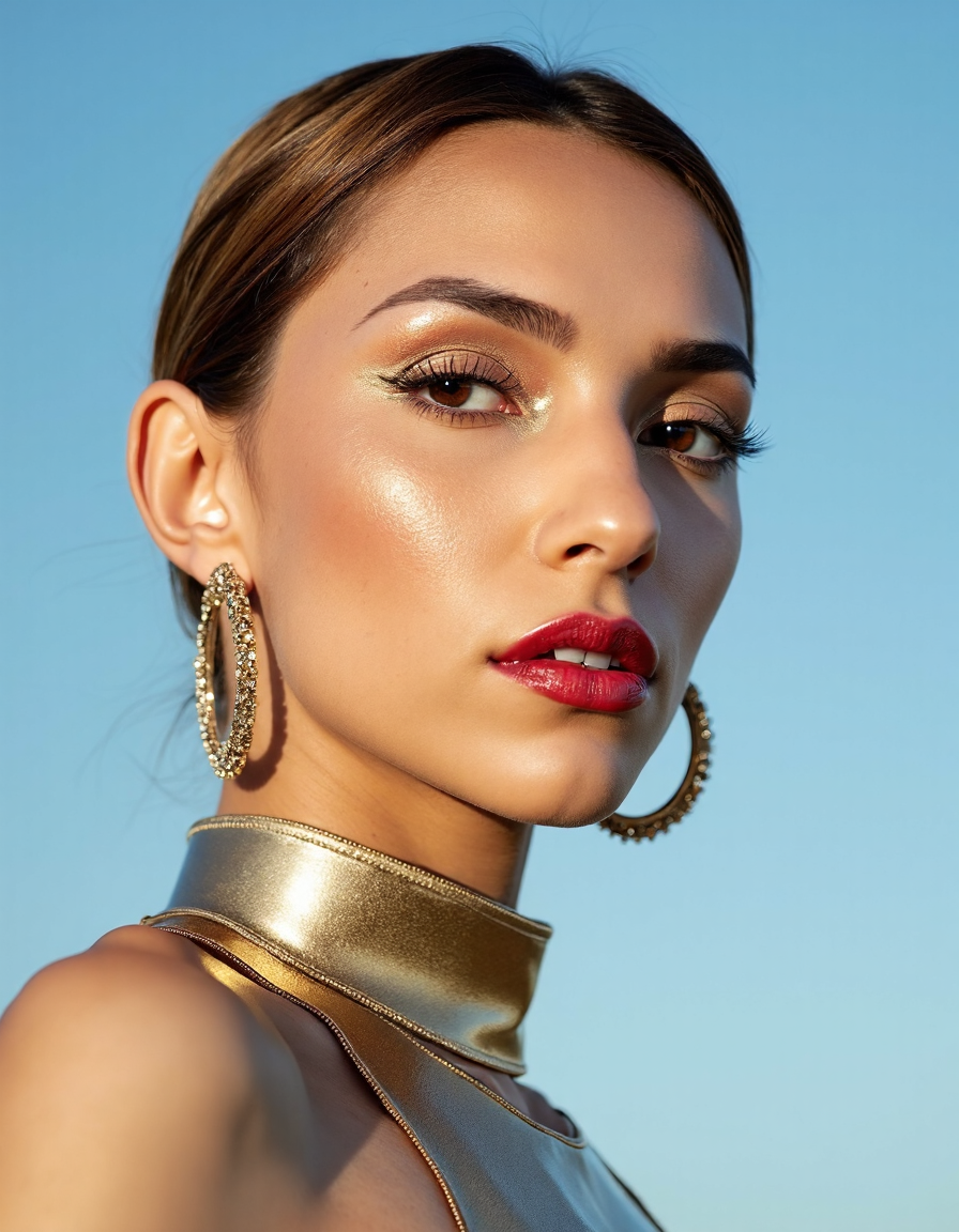 A hyper-detailed, avant-garde photograph featuring a striking woman with pale light skin against a clear, light blue sky. Her full-face close-up highlights the smooth texture of her flawless complexion. Shimmering metallic eyeshadow enhances the depth of her piercing gaze, while her glossy, deep red lips create a bold contrast to her skin. Large, intricately detailed golden hoop earrings reflect light, contributing to her modern allure. She wears metallic urban Buddhist monk clothing, with a turtle neck that enhances her avant-garde look. The reflective surfaces of her earrings and outfit create a dynamic interplay with the environment, emphasizing her sleek presence. The minimalist background allows the viewer to focus on her eye-catching fashion and makeup. Captured with a Sony A7R IV camera and a 50mm f/1.2 G Master lens for a beauty editorial shoot, this composition highlights her fashion-forward aesthetic. Inspired by avant-garde fashion photography from Sølve Sundsbø, this image blends contemporary fashion and minimalist elegance, embodying mythp0rt and niji_flux styles for a sleek, high-fashion vision. ((glow_skin, iridescent skin, oily skin, portrait)).