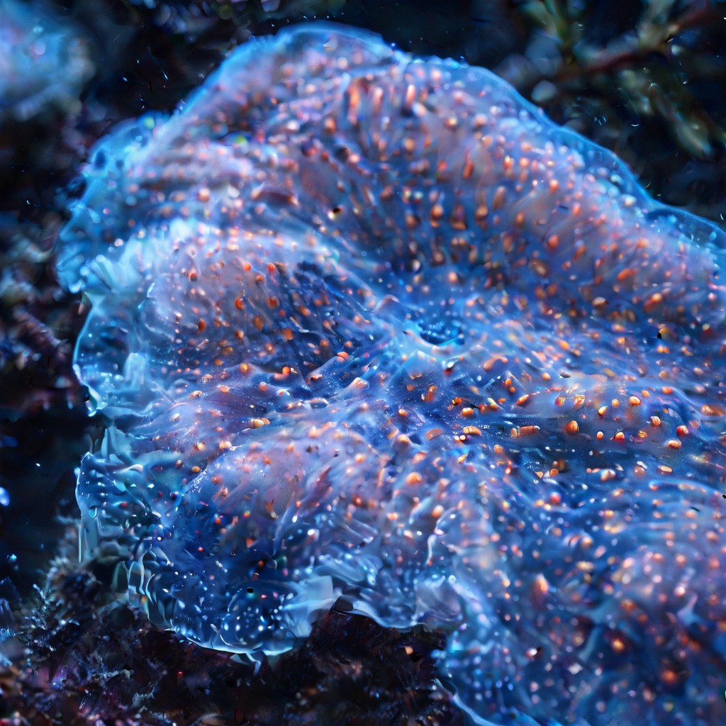 luminous, bioluminescence, glowing, night sky, animal focus, glow, tree, food, coral, reflection, blurry, blue hair, plant, solo, light particles, star (sky)