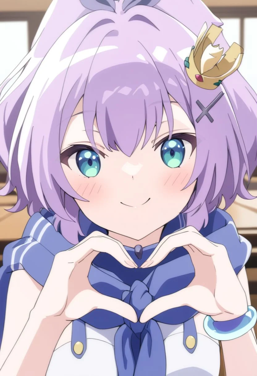 /javelin_slow_ahead/, /default_outfit/, looking at the viewer, smiling, heart shaped hands, half body portrait, detailed, (Japanese school background:1.3), best quality, newest