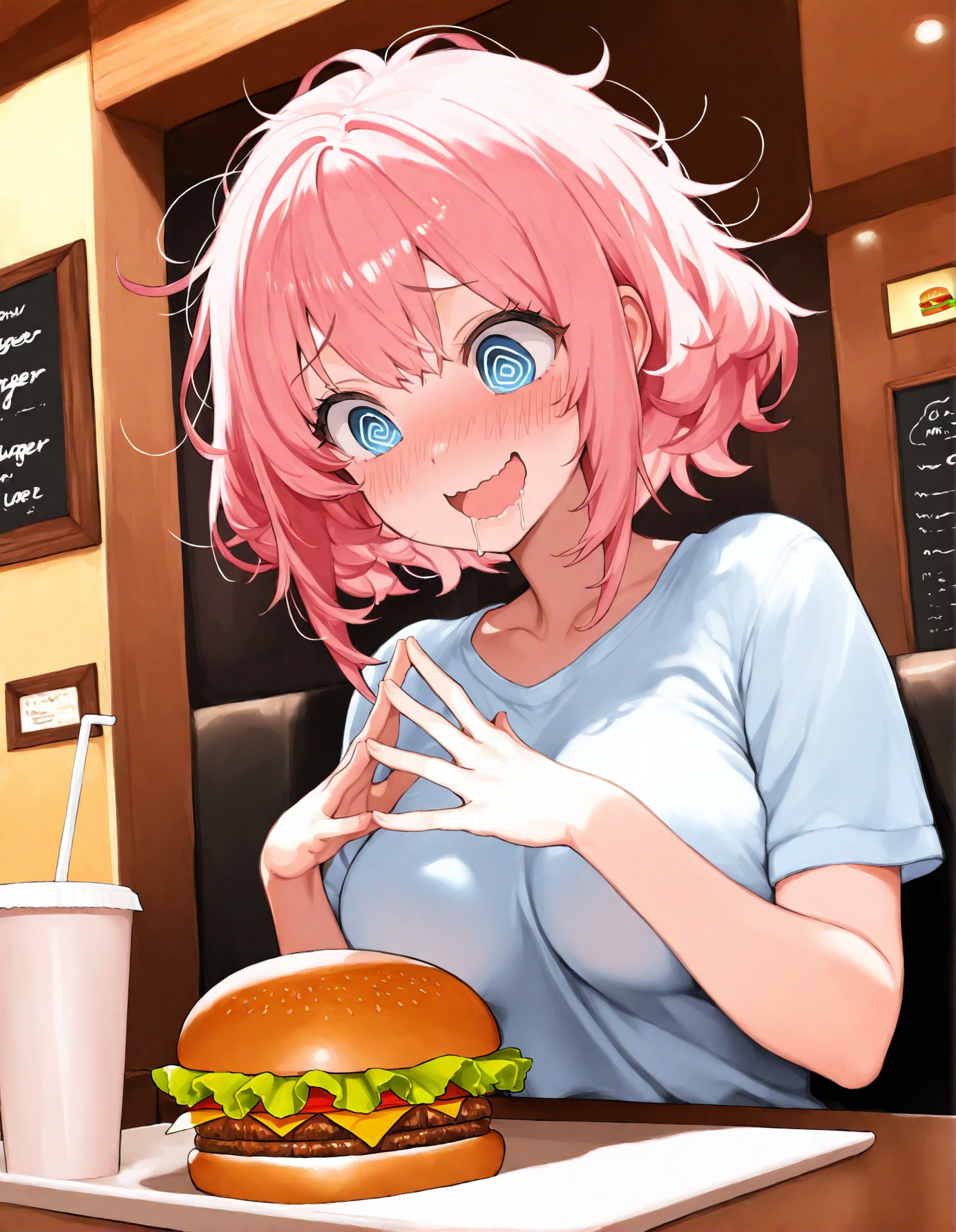 1girl, masterpiece, solo, medium breasts, sidelocks, blue eyes, open mouth, wavy mouth, raised eyebrows, blush, @ @, medium breasts, pink hair, messy hair, embarassed, steepled fingers, upper body, burger, short hair, restaurant, indoors, saliva, smile, looking down,
