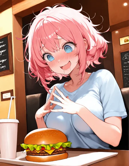 1girl, masterpiece, solo, medium breasts, sidelocks, blue eyes, open mouth, wavy mouth, raised eyebrows, blush, @ @, medium breasts, pink hair, messy hair, embarassed, steepled fingers, upper body, burger, short hair, restaurant, indoors, saliva, smile, looking down,