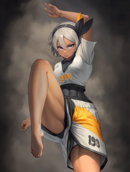 masterpiece, high quality, 1girl, <lora:bea by Goofy Ai:0.85>, bea pokemon, black hairband, dark-skinned female, hair between eyes, grey hair, short hair, grey eyes, focused, action pose, dynamic, high kick, kicking, athletic clothing, determined, quick motion, shorts, small breasts, gust of wind, movement, barefoot, (open mouth, teeth:0.8), (one leg raised, feet, :1.2)